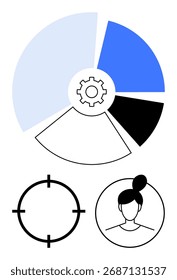 Gráfico de pizza com ícone de engrenagem no centro representando análise de dados, perfil do usuário e ícone de destino. Ideal para análises de negócios, segmentação de marketing, direcionamento de usuários, análise de clientes, análise estratégica