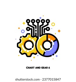 Pie chart and gear icon for concept of cybersecurity and digital adoption to generate revenue. Flat filled outline style. Pixel perfect 64x64. Editable stroke