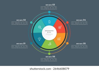 Pie Chart Glassmorphism Infographic Template With 6 Options, Steps, Parts, Segments. Vector Illustration For Business Financial Report