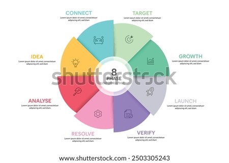 Pie Chart Glassmorphism Infographic Template With 8 Options, Steps, Parts, Segments. Vector Illustration For Business Financial Report.