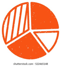 Pie Chart grainy textured icon for overlay watermark stamps. Flat symbol with scratched texture. Dotted vector orange ink rubber seal stamp with grunge design on a white background.