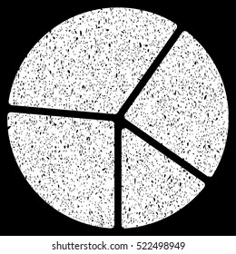 Pie Chart grainy textured icon for overlay watermark stamps. Flat symbol with dirty texture. Dotted vector white ink rubber seal stamp with grunge design on a black background.