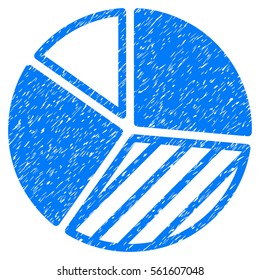 Pie Chart grainy textured icon for overlay watermark stamps. Flat symbol with dirty texture. Dotted vector blue ink rubber seal stamp with grunge design on a white background.