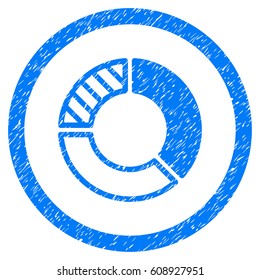 Pie Chart grainy textured icon inside circle for overlay watermark stamps. Flat symbol with unclean texture. Circled vector blue rubber seal stamp with grunge design.