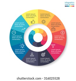 Pie chart, graph, diagram with 10 steps, options, parts, processes with arrows. Vector business template for presentation and training.