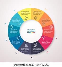 Pie chart, graph, diagram with 10 steps, options, parts, processes with small arrows. Vector business template for presentation and training.