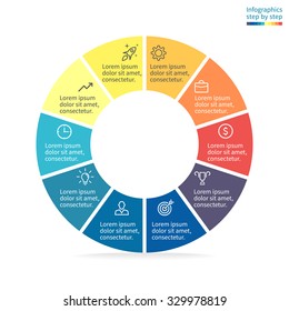 Pie chart, graph, diagram with 10 steps, options, parts, processes. Vector business template in blue and yellow for presentation.