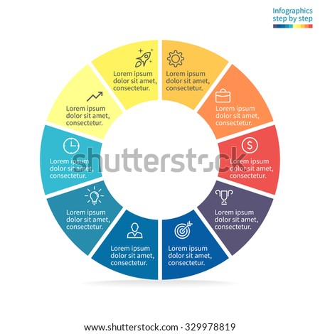Pie chart, graph, diagram with 10 steps, options, parts, processes. Vector business template in blue and yellow for presentation.