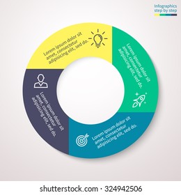 Pie chart, graph, diagram with 4 steps, options, parts, processes. Vector business template for presentation and training.