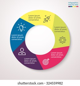 Pie chart, graph, diagram with 5 steps, options, parts, processes. Vector business template for presentation and training.