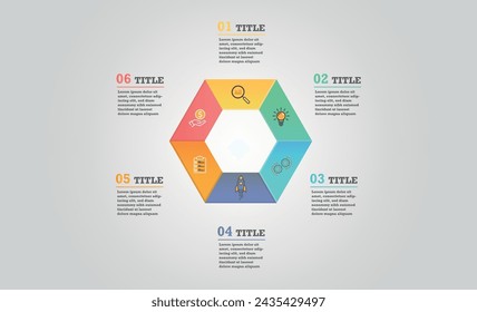 Pie chart, graph, diagram with 6 steps, options, parts, processes.
