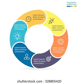 Pie chart, graph, diagram with 6 steps, options, parts, processes. Vector business template in blue and yellow for presentation and training.