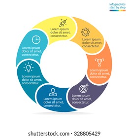 Pie chart, graph, diagram with 7 steps, options, parts, processes. Vector business template in blue and yellow for presentation and training.