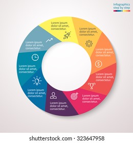 Pie chart, graph, diagram with 9 steps, options, parts, processes. Vector business template for presentation and training.