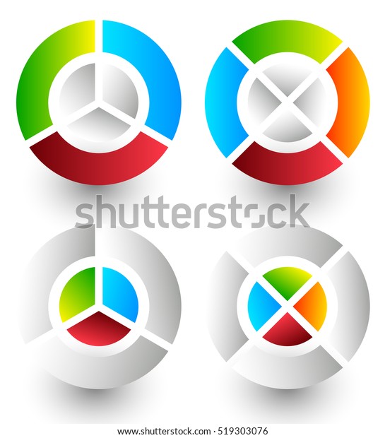 Pie chart, pie graph icons.\
Analytics, diagnostics, infographic icons. Colorful segmented\
circle elements. Divided circles in 3 and 4 parts with 2\
version