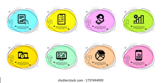 Pie chart, Graph chart and Interview signs. Timeline infographic. Cashback, Time management and Smartphone statistics line icons set. Analytics graph, Document symbols. Vector