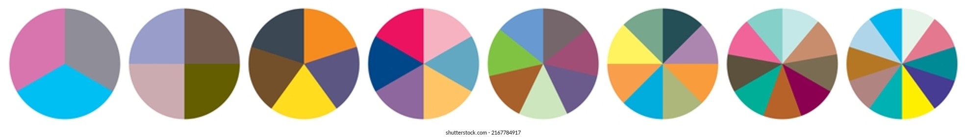 Pie chart, pie graph, segmented circles, circular diagram from 3 to 10 sections, portions, parts. Ratio concept