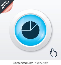 Pie chart graph sign icon. Diagram button. Blue shiny button. Modern UI website button with hand cursor pointer. Vector