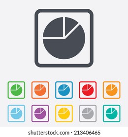 Pie chart graph sign icon. Diagram button. Round squares buttons with frame. Vector