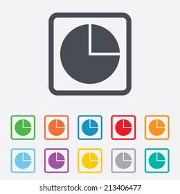 Pie chart graph sign icon. Diagram button. Round squares buttons with frame. Vector