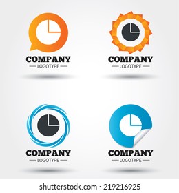 Pie chart graph sign icon. Diagram button. Business abstract circle logos. Icon in speech bubble, wreath. Vector