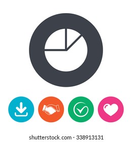 Pie chart graph sign icon. Diagram button. Download arrow, handshake, tick and heart. Flat circle buttons.