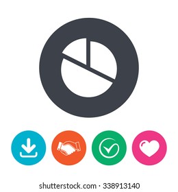 Pie chart graph sign icon. Diagram button. Download arrow, handshake, tick and heart. Flat circle buttons.