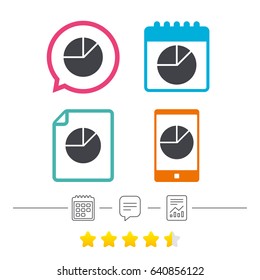 Pie chart graph sign icon. Diagram button. Calendar, chat speech bubble and report linear icons. Star vote ranking. Vector