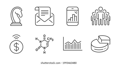 Pie chart, Group and Contactless payment line icons set. Marketing strategy, Money diagram and Mail newsletter signs. Graph phone, Chemical formula symbols. Quality line icons. Pie chart badge. Vector