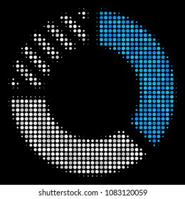 Pie chart halftone vector icon. Illustration style is pixel iconic pie chart symbol on a black background. Halftone pattern is created with spheric pixels.