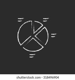 Pie chart hand drawn in chalk on a blackboard vector white icon isolated on a black background.