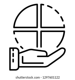 Pie chart in hand icon. Outline pie chart in hand vector icon for web design isolated on white background