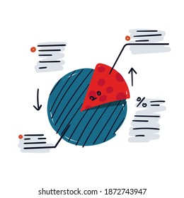 Pie chart hand-drawn illustration. Vector concept cartoon clip art of a chart diagram circle. Abstract hand drawing sketch of a pie chart with arrows and descriptions. Data visualization concept