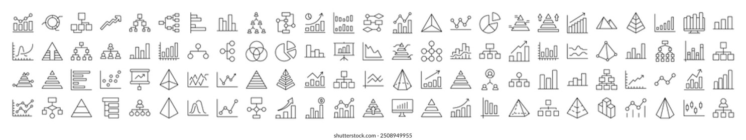 Pie Chart, Hierarchy, Pyramid Related Line Icons for Web Sites, Books, Cards, Apps. Editable Stroke. Suitable for Web Sites, Books, Cards, Apps