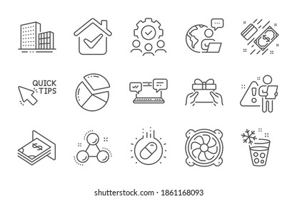 Pie chart, Ice maker and Buildings line icons set. Payment, Capsule pill and Chemistry molecule signs. Internet chat, Give present and Quick tips symbols. Line icons set. Vector