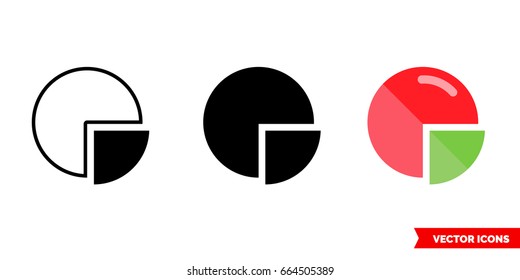 Pie chart icon of 3 types: color, black and white, outline. Isolated vector sign symbol.