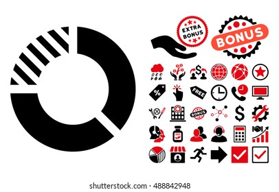 Pie Chart icon with bonus images. Vector illustration style is flat iconic bicolor symbols, intensive red and black colors, white background.