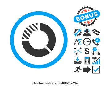 Pie Chart icon with bonus pictogram. Vector illustration style is flat iconic bicolor symbols, blue and gray colors, white background.