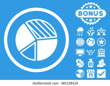 Pie Chart icon with bonus. Vector illustration style is flat iconic symbols, white color, blue background.