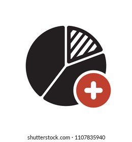 Pie chart icon, business icon with add sign. Pie chart icon and new, plus, positive symbol. Vector illustration