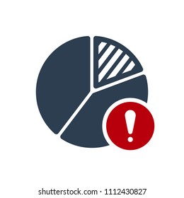 Pie chart icon, business icon with exclamation mark. Pie chart icon and alert, error, alarm, danger symbol. Vector illustration