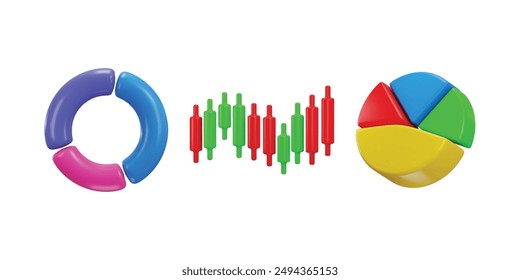 Pie chart icon and candlestick chart icon 3d render concept of data analytics icon vector illustration