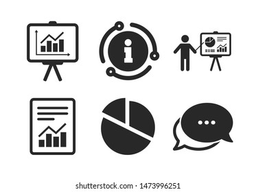 Pie Chart Icon. Chat, Info Sign. File Document With Diagram. Presentation Billboard Symbol. Supply And Demand. Classic Style Speech Bubble Icon. Vector