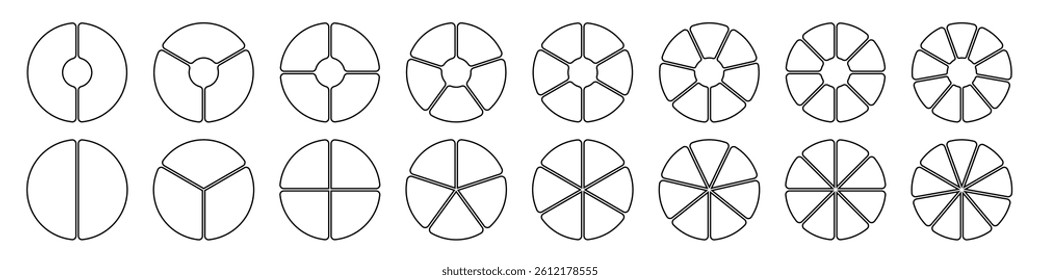 Pie chart icon collection. Trendy infographic design with outline circle diagram. Pizza or flower round cycle