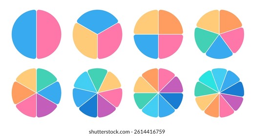 Pie chart icon collection. Trendy infographic design with colorful circle diagram. Pizza or flower round cycle set