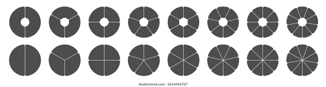 Pie chart icon collection. Trendy infographic design with black circle diagram. Pizza or flower round cycle