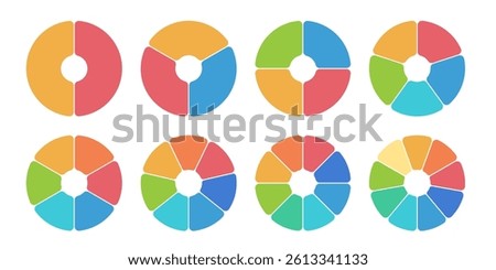 Pie chart icon collection. Trendy infographic design with colorful circle diagram. Pizza or flower round cycle set