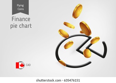 Pie chart icon with flying canadian dollar coins, finance concept.