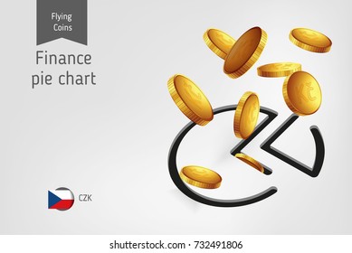 Pie chart icon with flying Czech Koruna coins, finance concept. Vector illustration for print, websites, web design, mobile app, infographics.