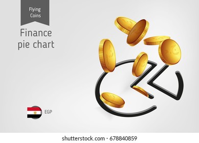 Pie chart icon with flying Egyptian Pound coins, finance concept.